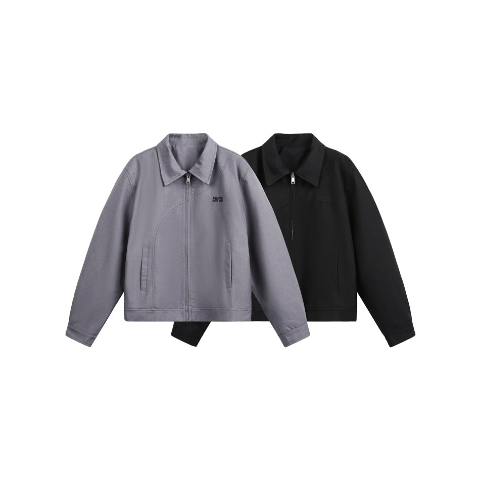 Gray and black collared jackets shown from the front, each with a zipper and two front pockets.
