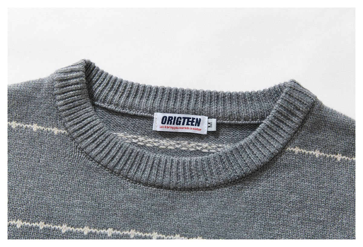 Close-up of a gray knit sweater’s ribbed crew neck, cream stripe, and sewn-in English brand label.