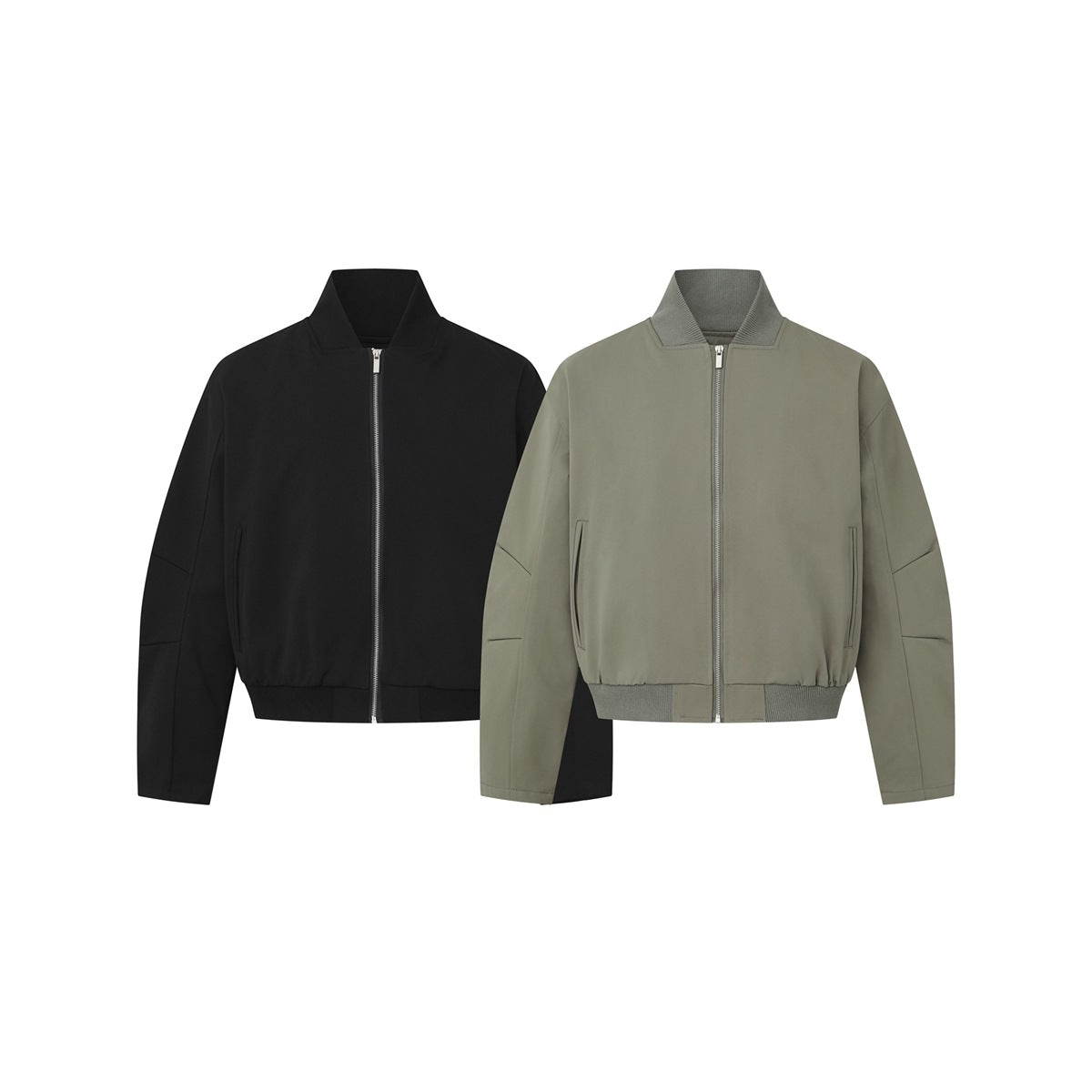 Front views of two zip-front bomber jackets, one black and one olive-gray, with stand collars and side pockets.