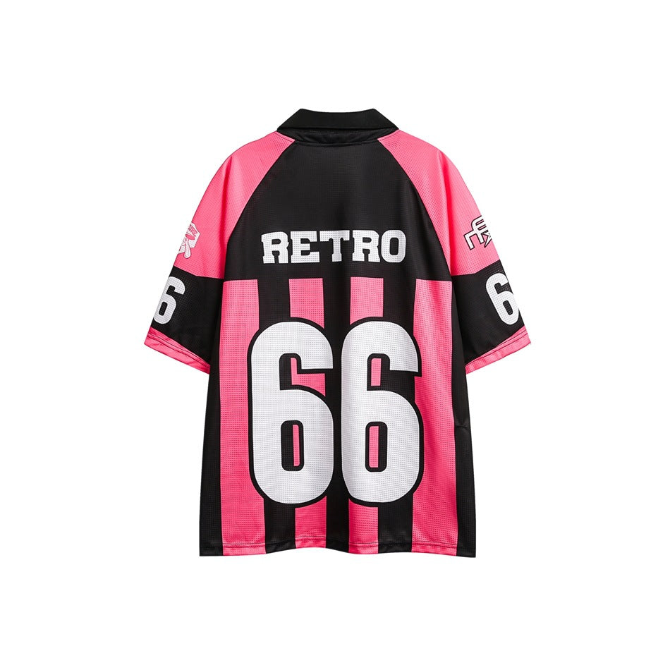 Back view of pink and black striped short-sleeve jersey-style top with RETRO text and large white 66 print