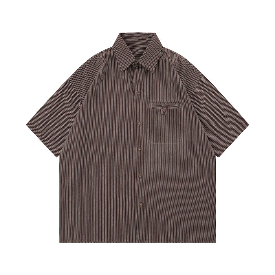 Coffee brown pinstripe short-sleeve button-up shirt with collar and chest pocket, flat lay front view