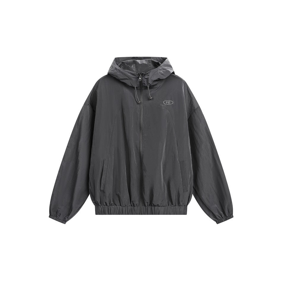 Gray hooded zip-up lightweight jacket flat front view with drawcord hood, elastic hem and cuffs