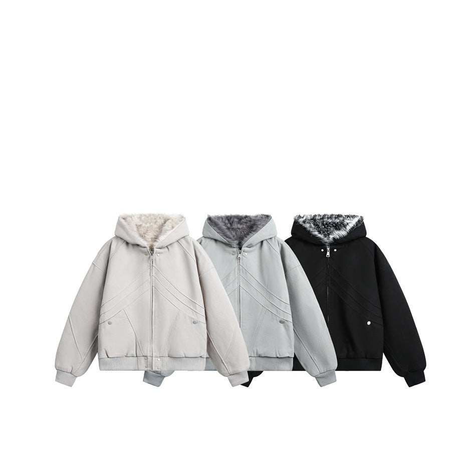 Three front views of the hooded jacket in pale taupe, sage gray, and black, each with contrasting faux-fur hood lining.