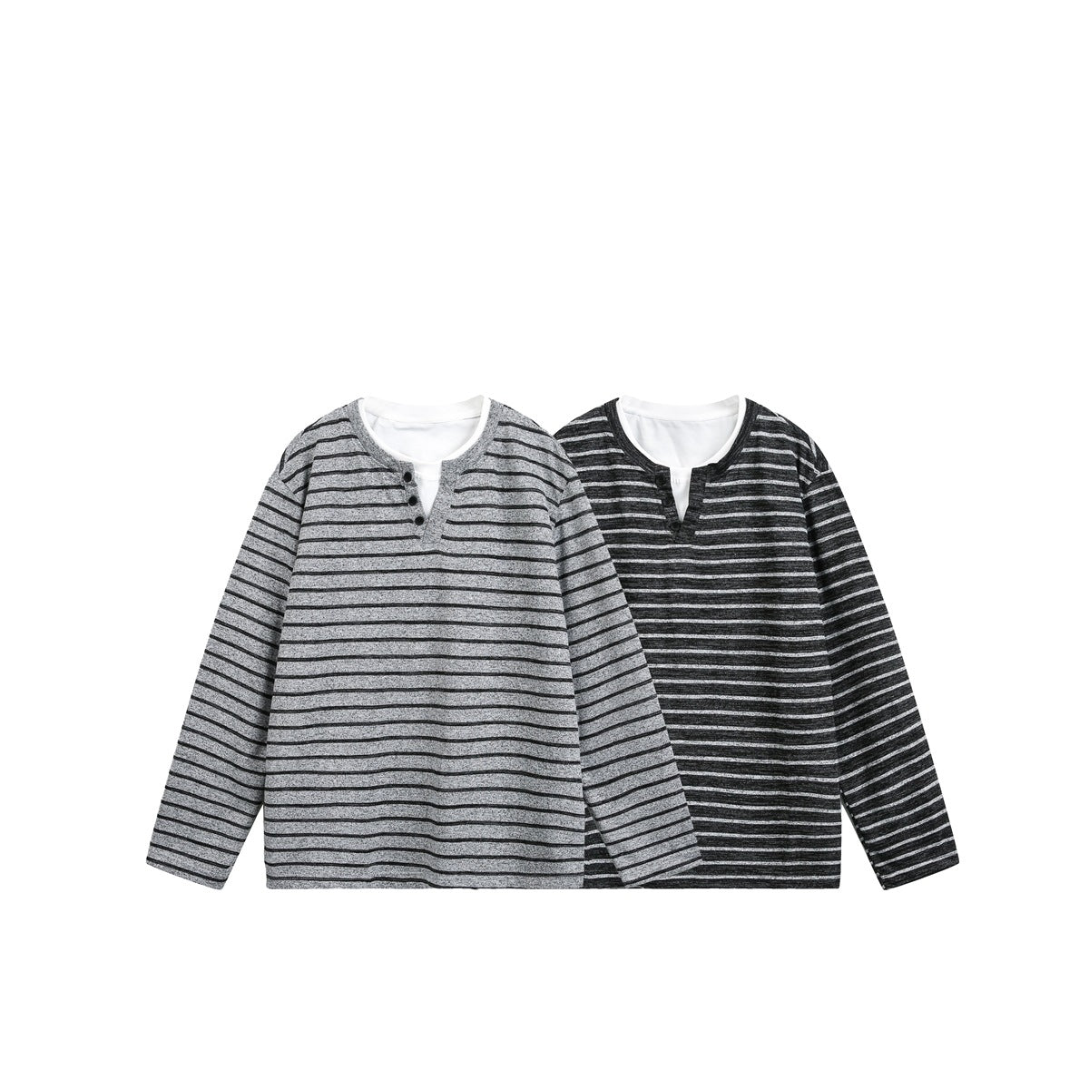 Two long-sleeve striped tops shown from the front: light gray with black stripes and charcoal with gray stripes.