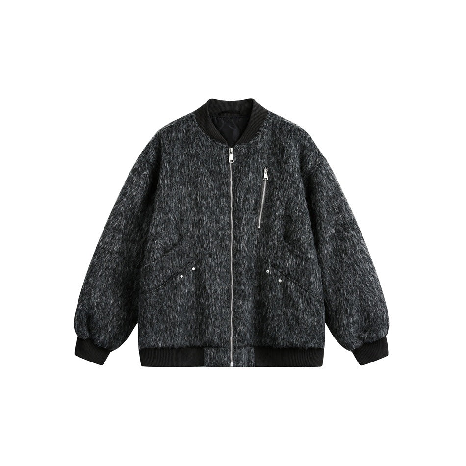 Black-gray fuzzy bomber jacket with ribbed collar, front zipper, chest zip pocket and rivet-accented pockets, front view
