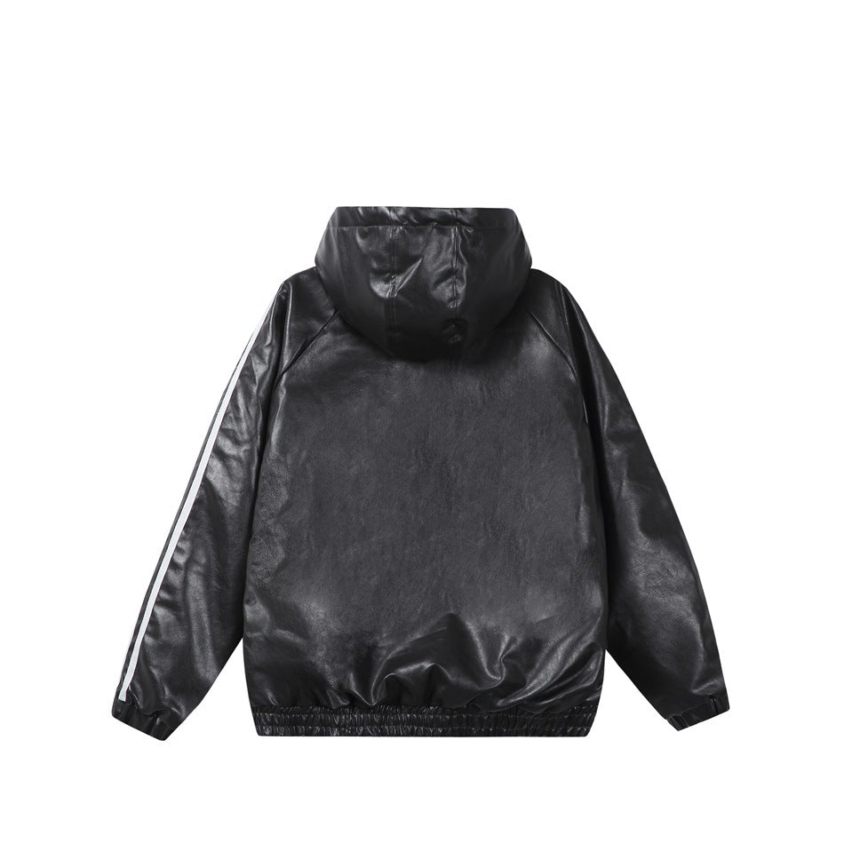 Back view of a black hooded jacket with white sleeve stripes, elastic cuffs and gathered hem, shown flat.