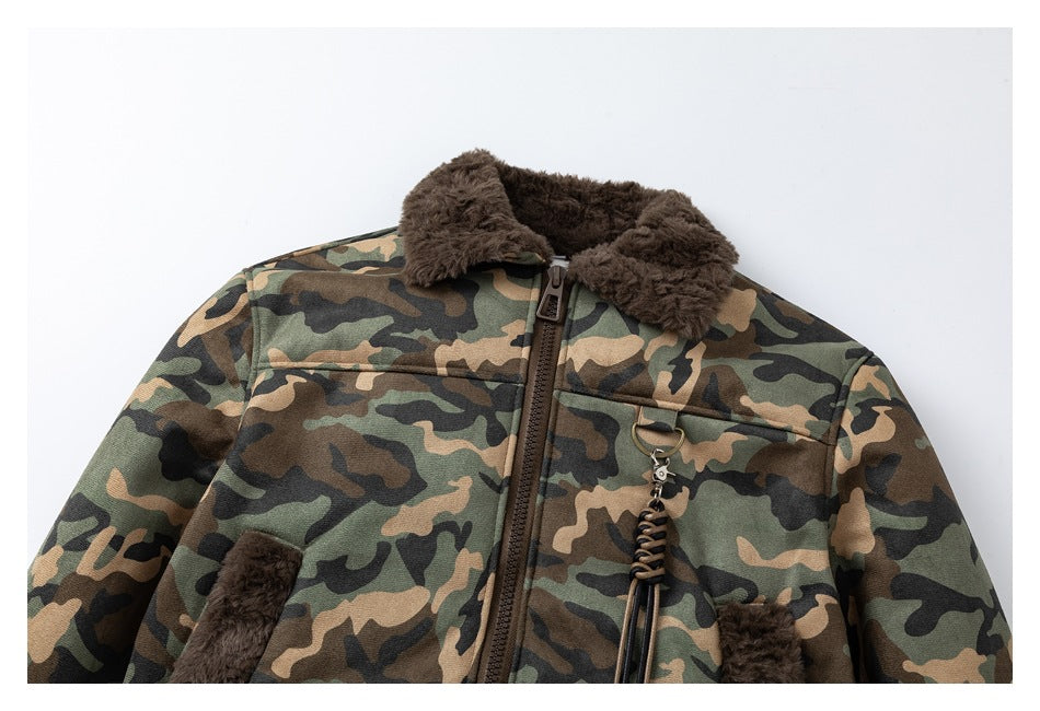 Close view of the camouflage jacket front, showing its fur collar, zipper, chest seam, and hanging detail.