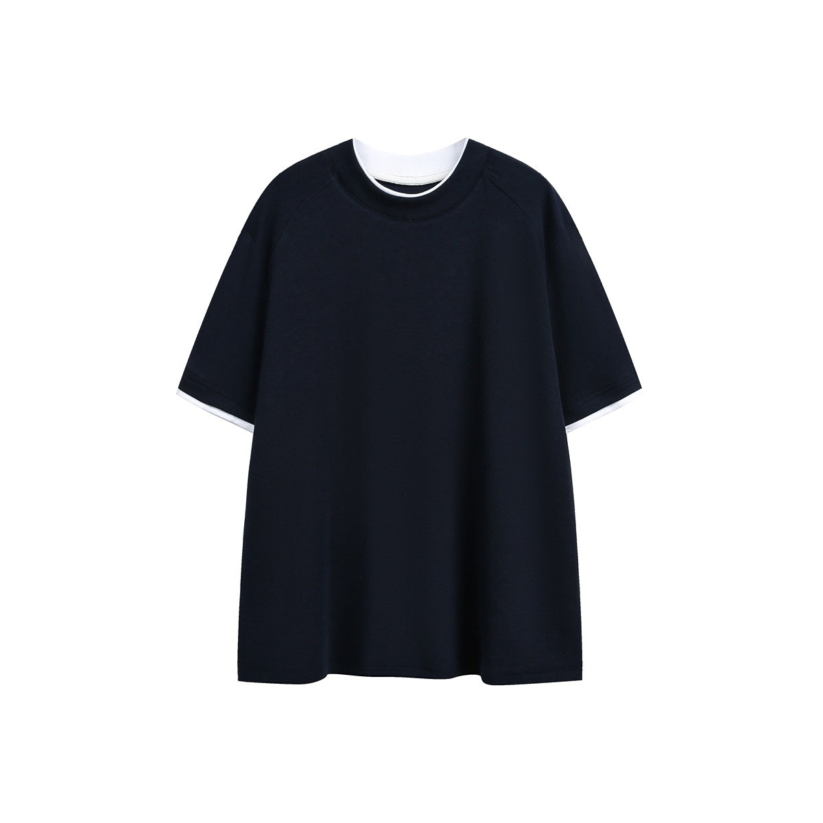 Navy short-sleeve crewneck T-shirt with white layered neckline and sleeve hems, flat front view