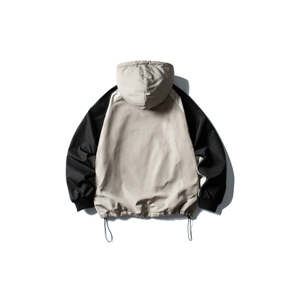 Back view of khaki hooded jacket with black raglan sleeves, ribbed cuffs and hem drawcords, flat lay