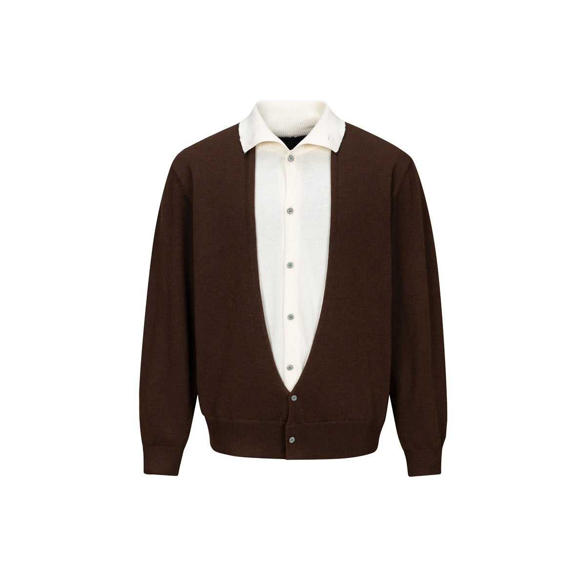 Brown V-neck button cardigan layered over a cream collared button-up knit inner layer, front flat view