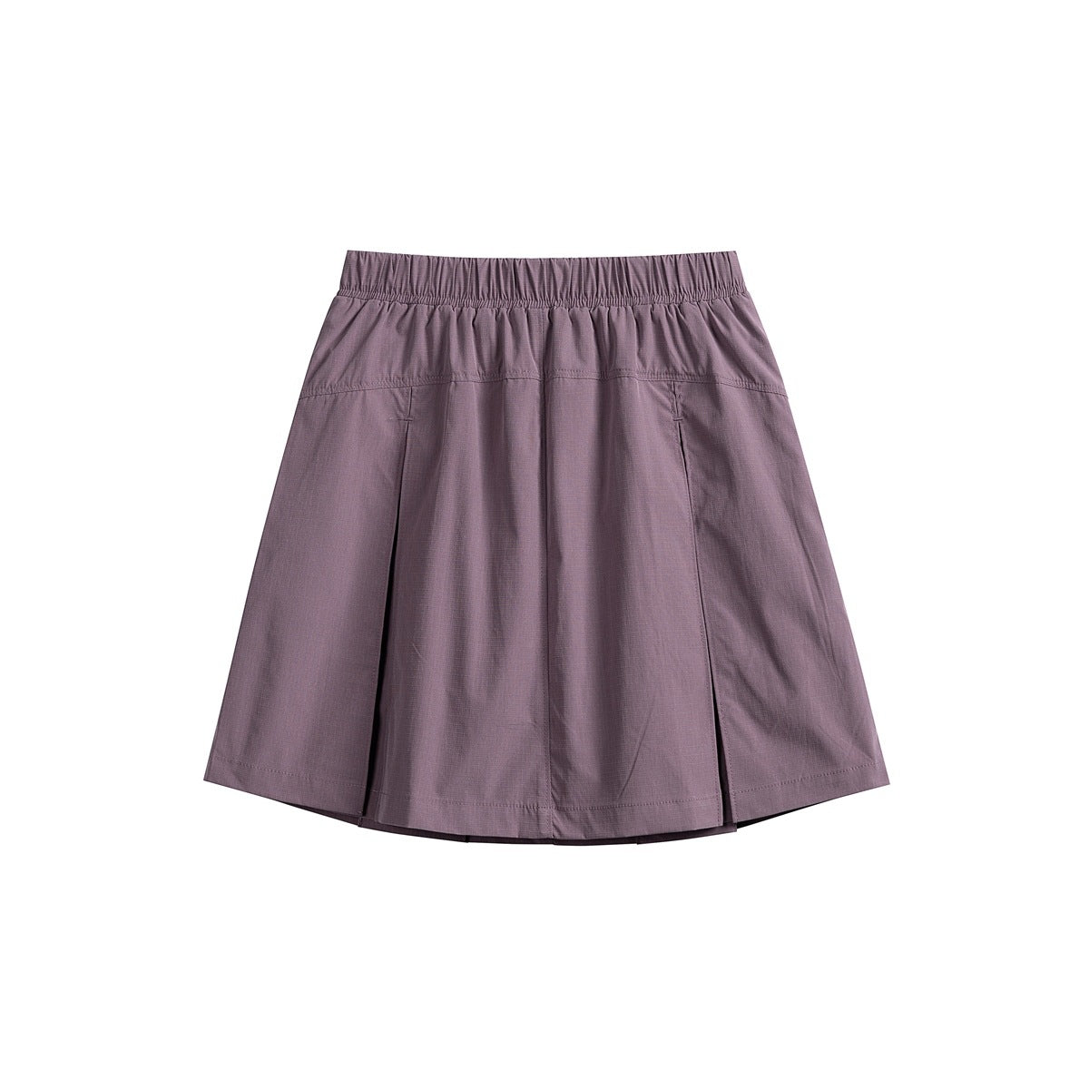 Back view of a muted mauve skirt with an elastic waistband and overlapping pleated panels.