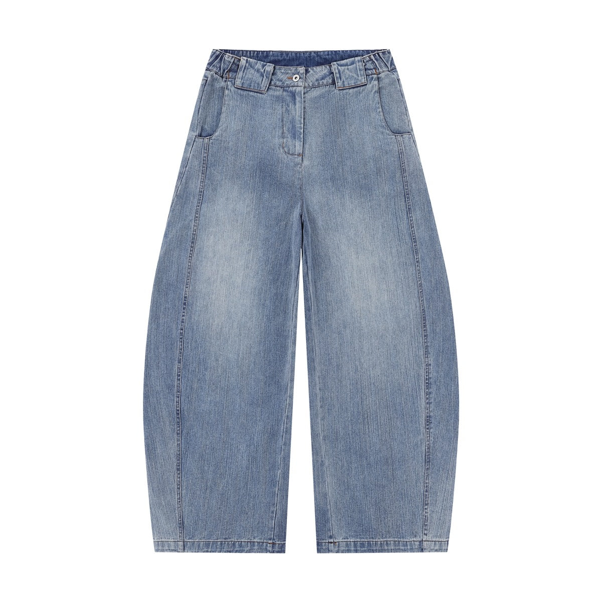 Light blue washed wide-leg barrel jeans with button fly and side pockets, front flat view
