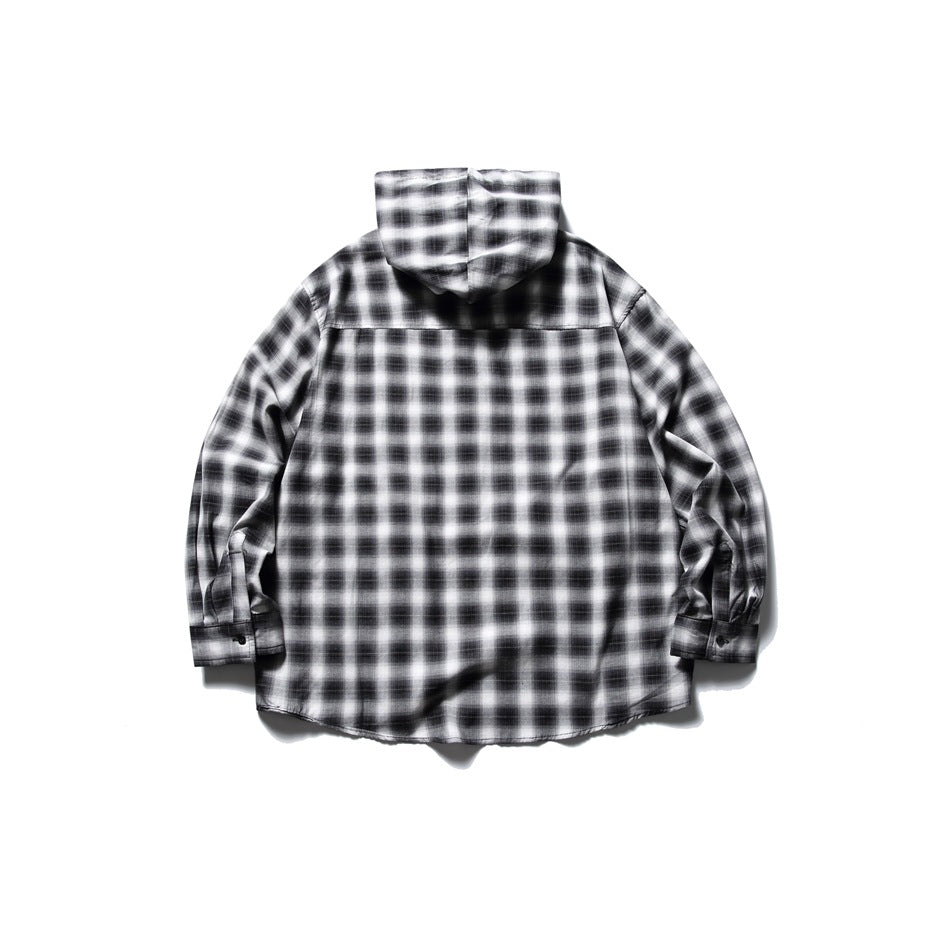Back view of a black-and-white plaid hooded shirt displayed flat against a white background.