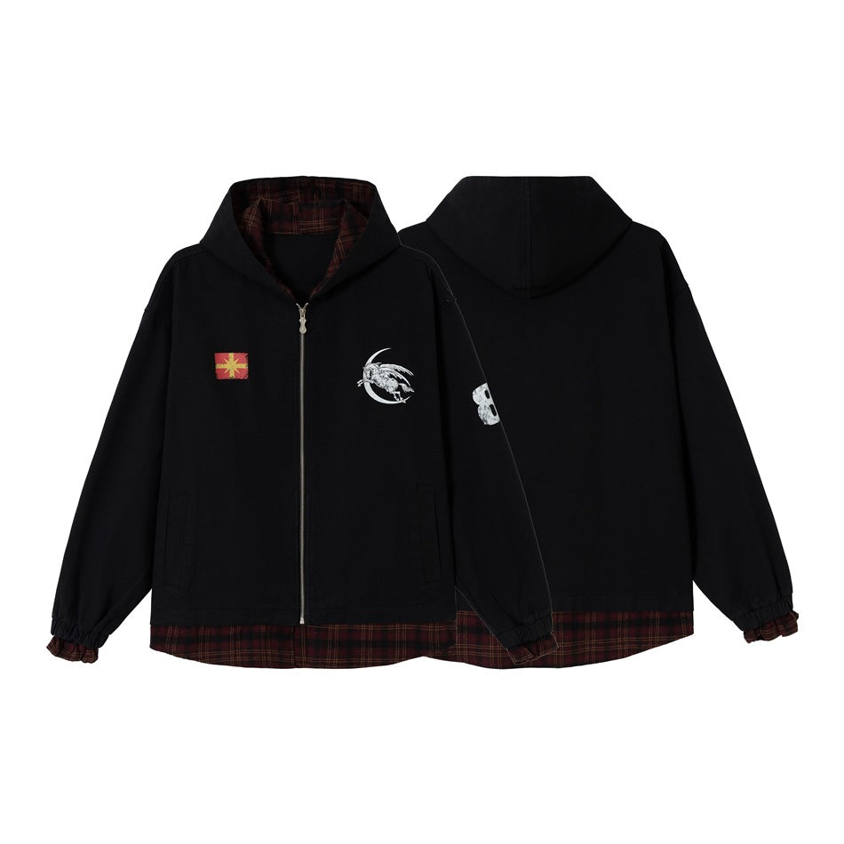 Black hooded zip jacket shown from the front and back, with chest graphics and red plaid lining and hem.