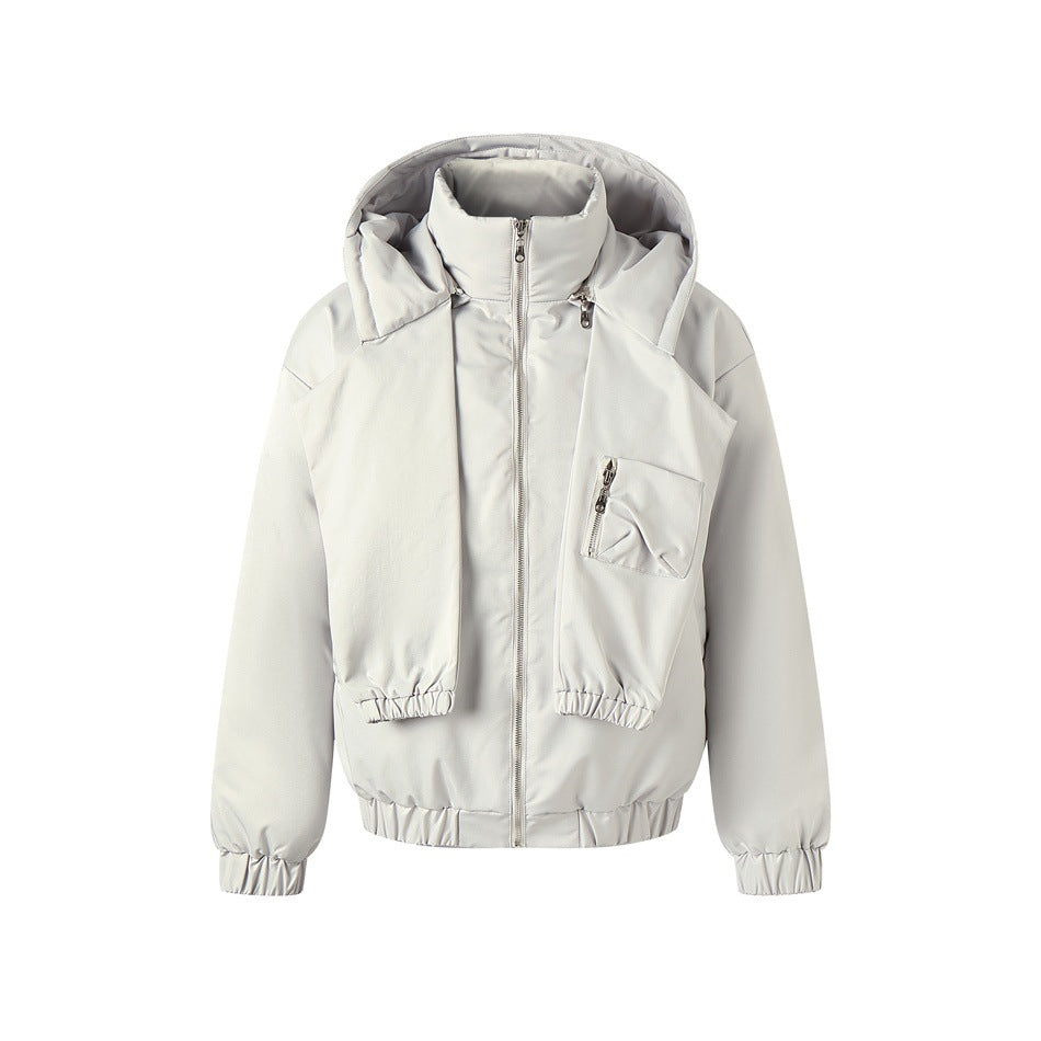 Light gray hooded zip-up padded jacket, front view, with chest zip pocket and elastic cuffs and hem