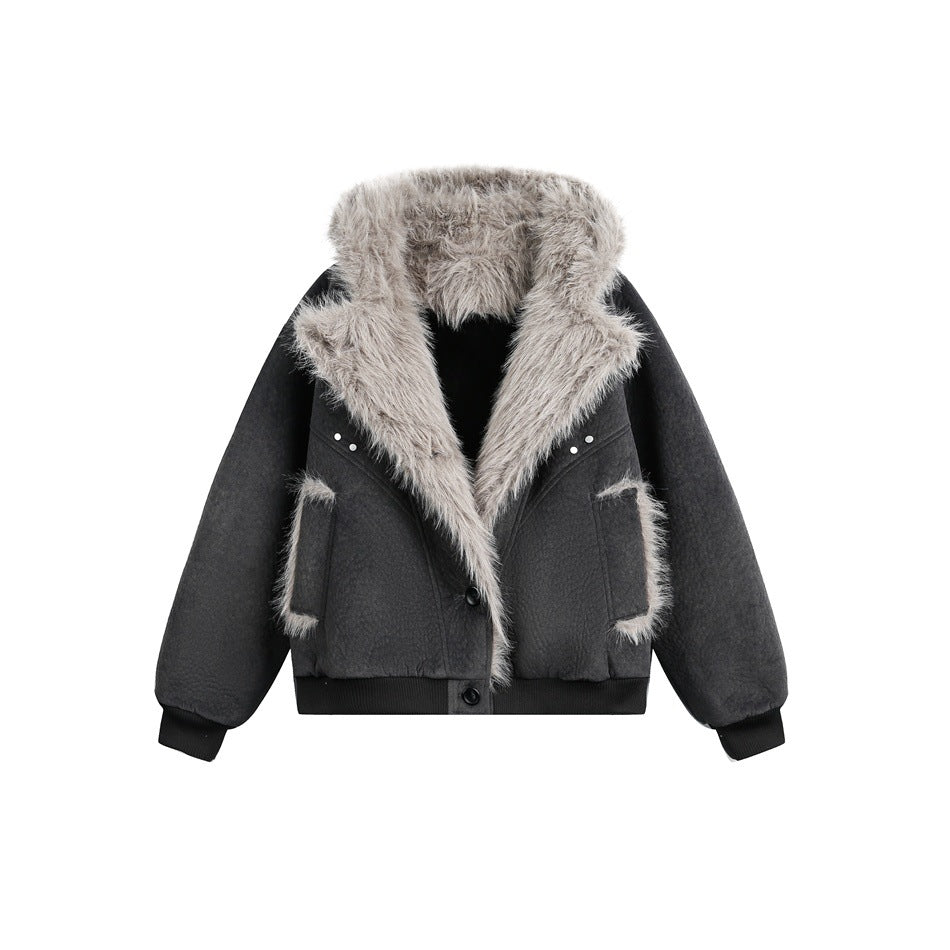 Front view of a charcoal hooded jacket with a light fur-trimmed collar, button closure, and fur-edged pockets.