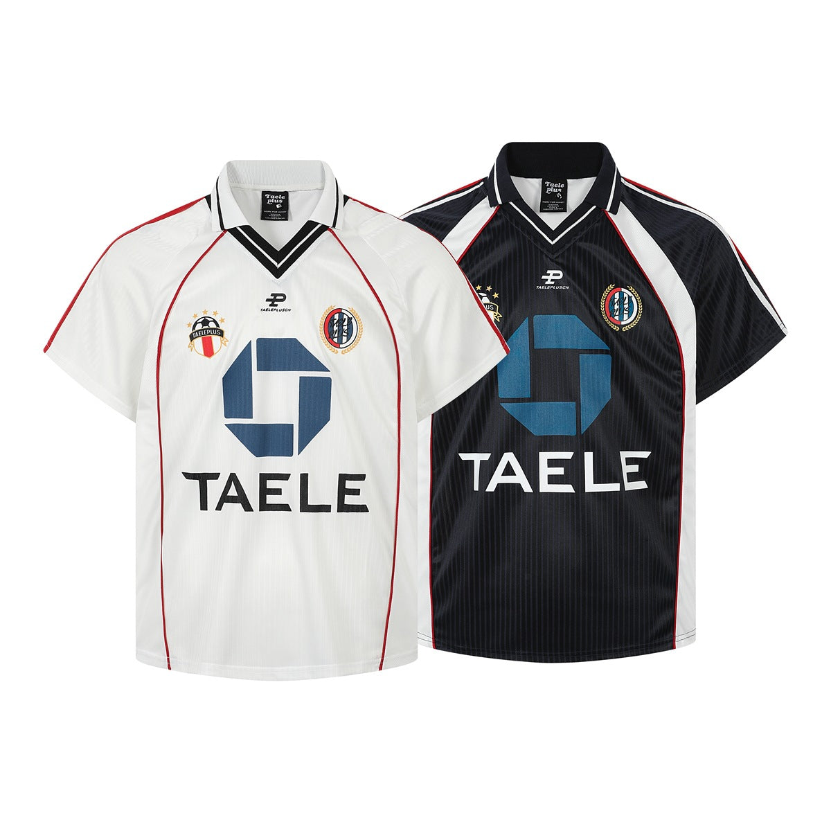 Two short-sleeve collared jerseys shown from the front: one white with red piping and one black with white panels.