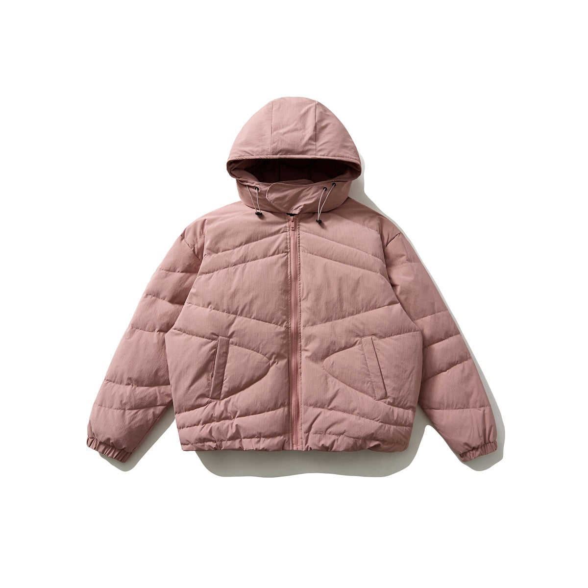 Dusty pink hooded quilted puffer jacket, flat lay, front view with front zipper and slanted pockets