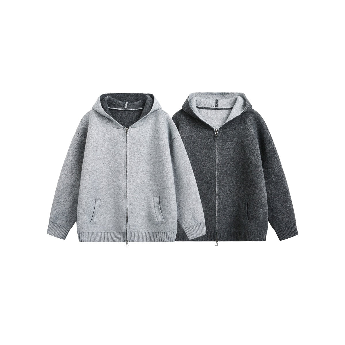 Two hooded zip-front knit jackets shown together in light gray and dark charcoal.
