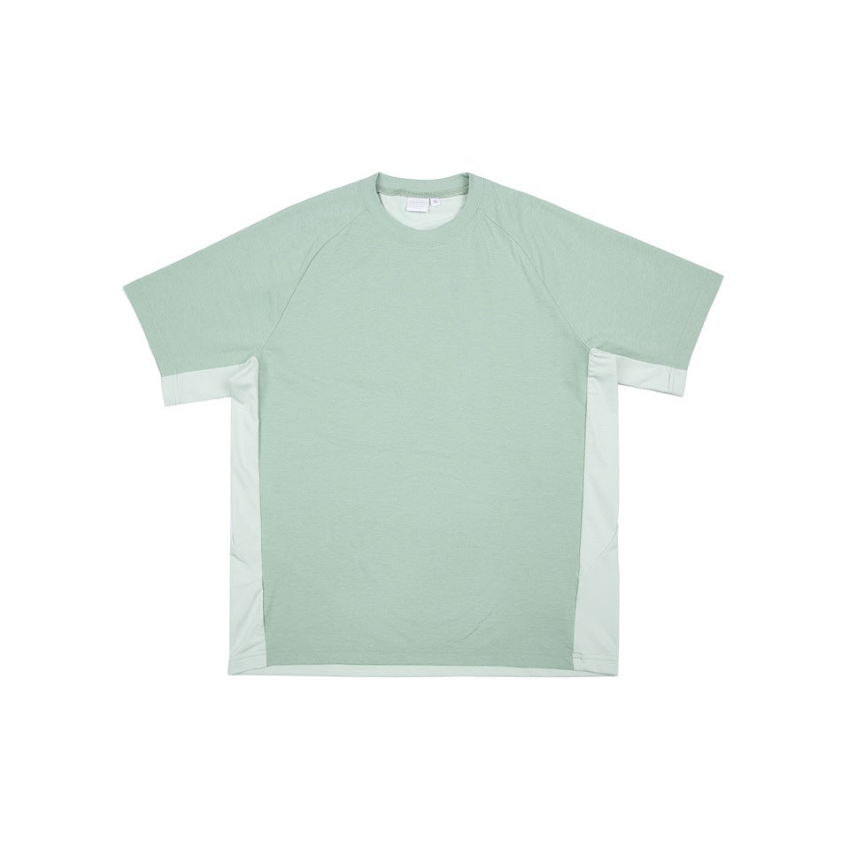 Sage green short-sleeve crew-neck T-shirt with raglan sleeves and pale mint side panels, flat lay front view