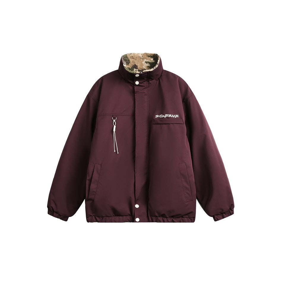 Front product view of a plum jacket with a high fleece-lined collar, snap closure, chest pocket, and side pockets.