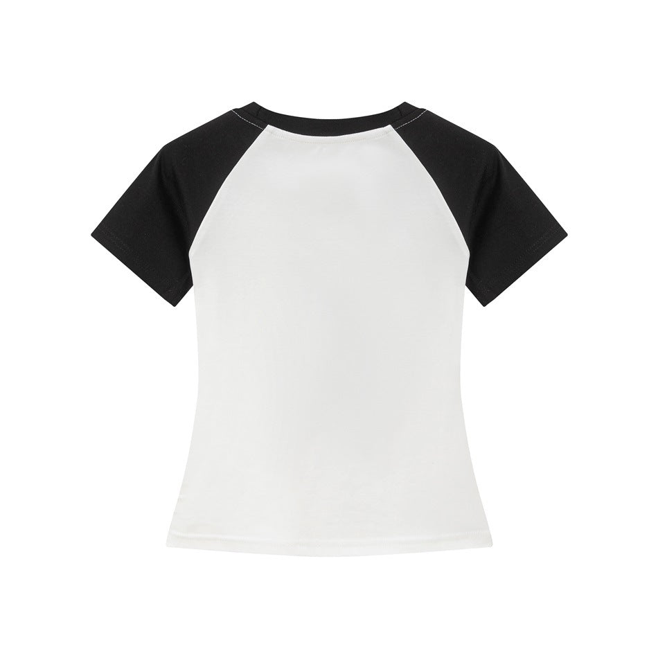 Back view of a white short-sleeve raglan T-shirt with black sleeves and neckline.