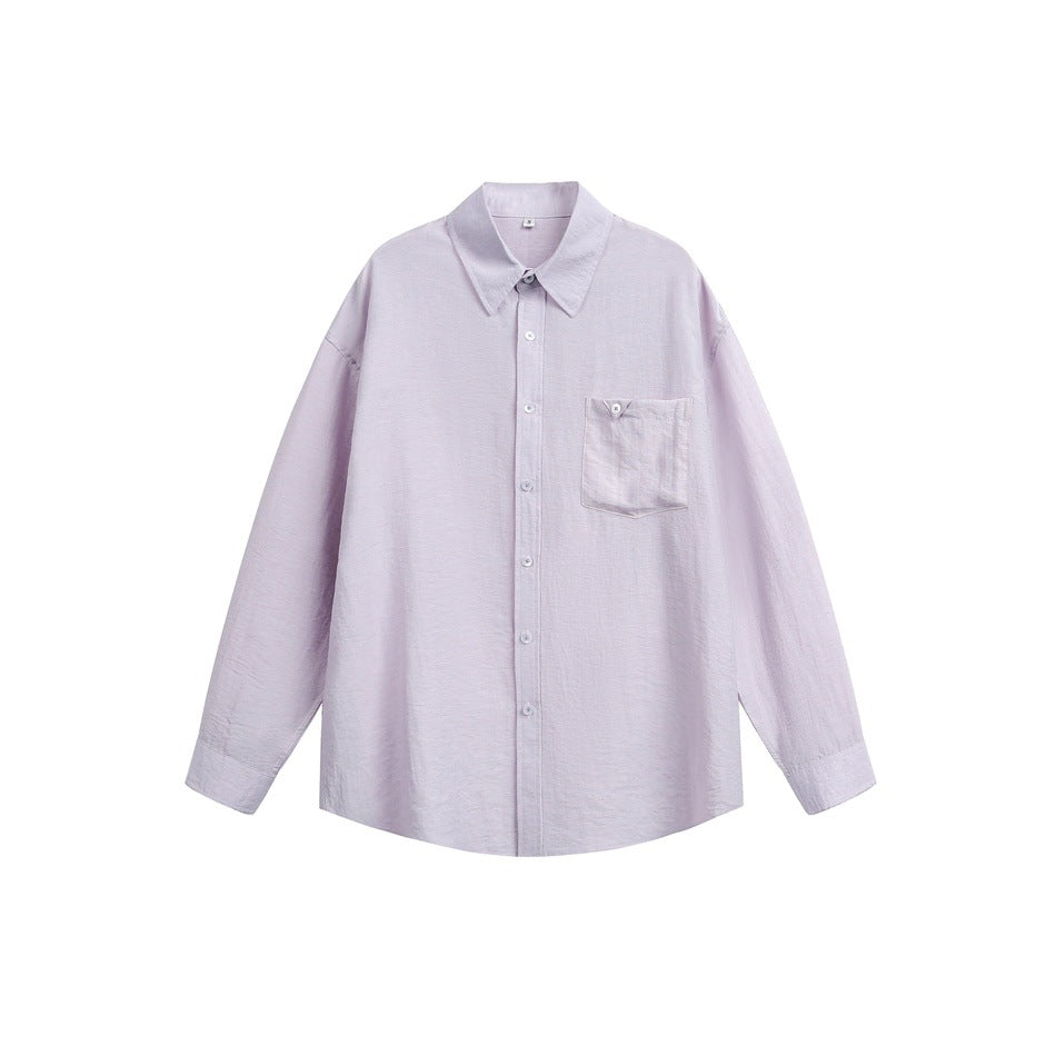 Purple long-sleeve button-up shirt with pointed collar and chest pocket, flat lay front view