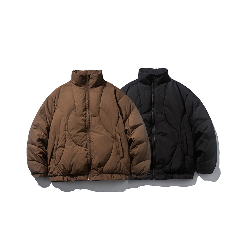 Brown and black padded zip-front jackets shown side by side from the front.