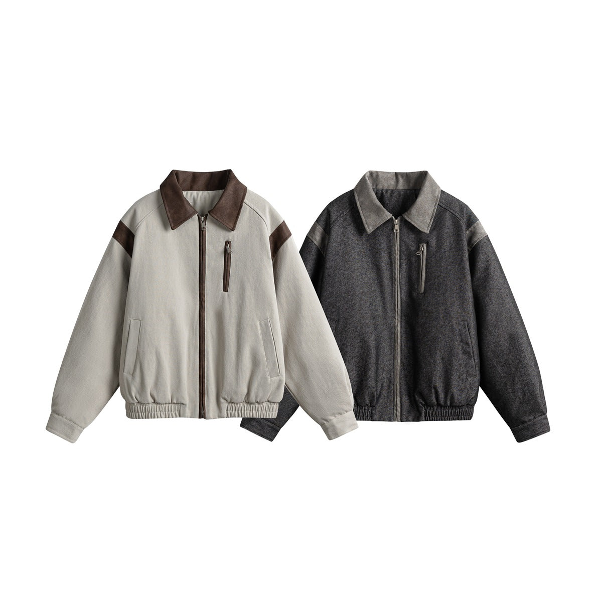 Two front-view jackets: light gray with dark brown accents and charcoal gray with lighter gray accents.
