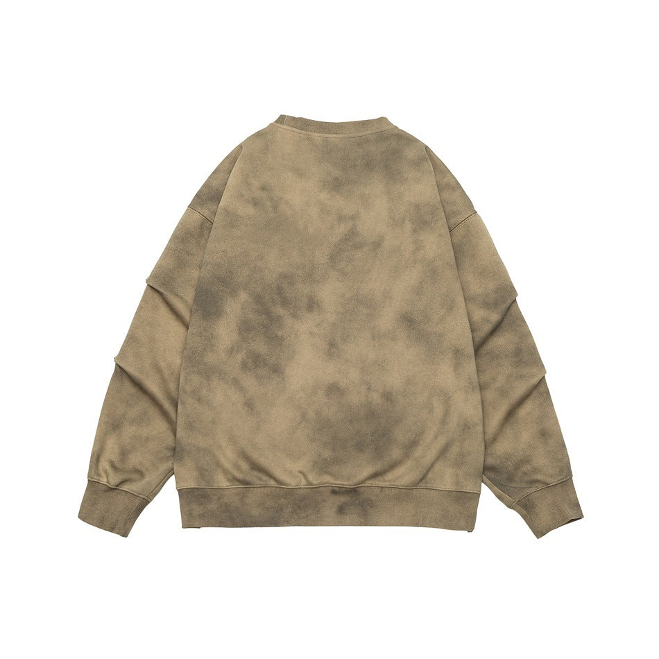 Back view of a tan-brown mottled crewneck sweatshirt with long sleeves and ribbed cuffs and hem.