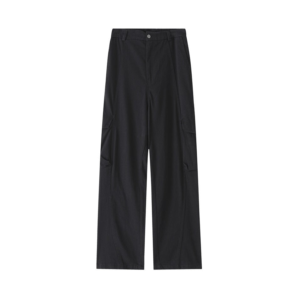 Black wide-leg cargo pants, front flat view with button closure and side cargo pockets