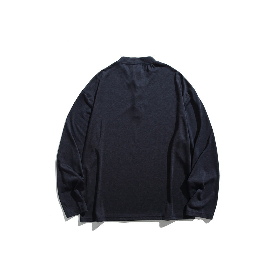 Back view of a navy long-sleeve shirt with a band collar, displayed flat against a white background.