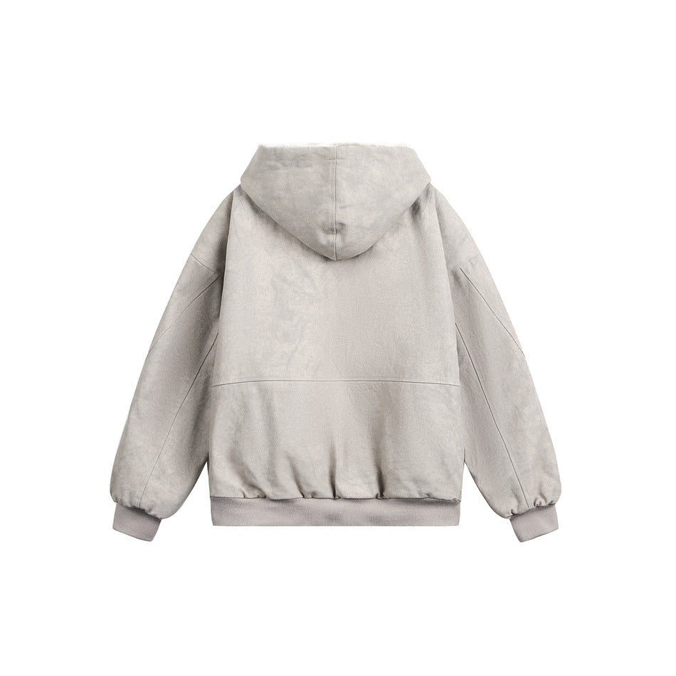Back flat-lay of a taupe hooded jacket with a plain back panel, hood, and ribbed cuffs and hem.