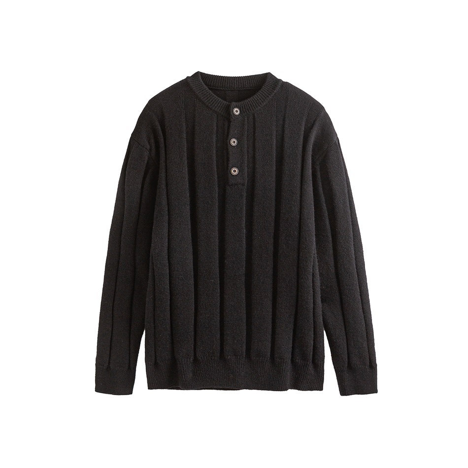 Black ribbed knit sweater with round neck and three-button placket, flat front view