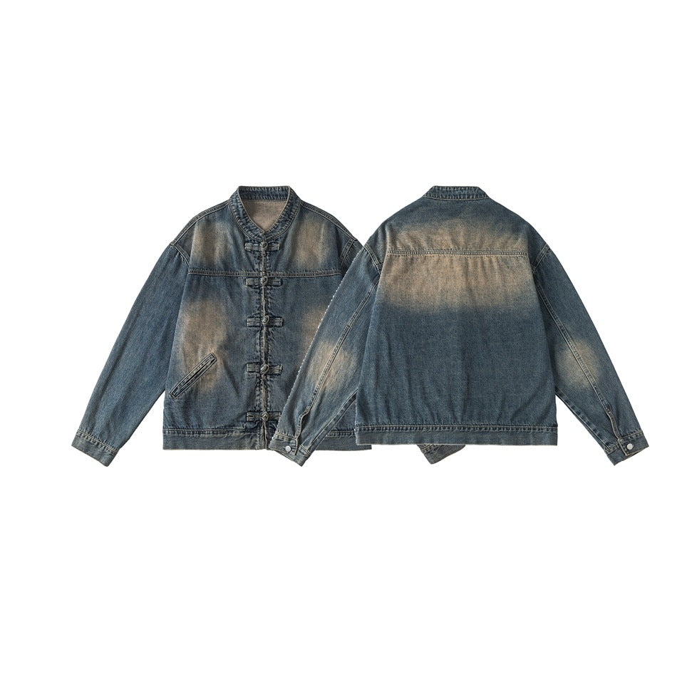 Faded blue-gray denim jacket shown flat with its front and back views side by side.