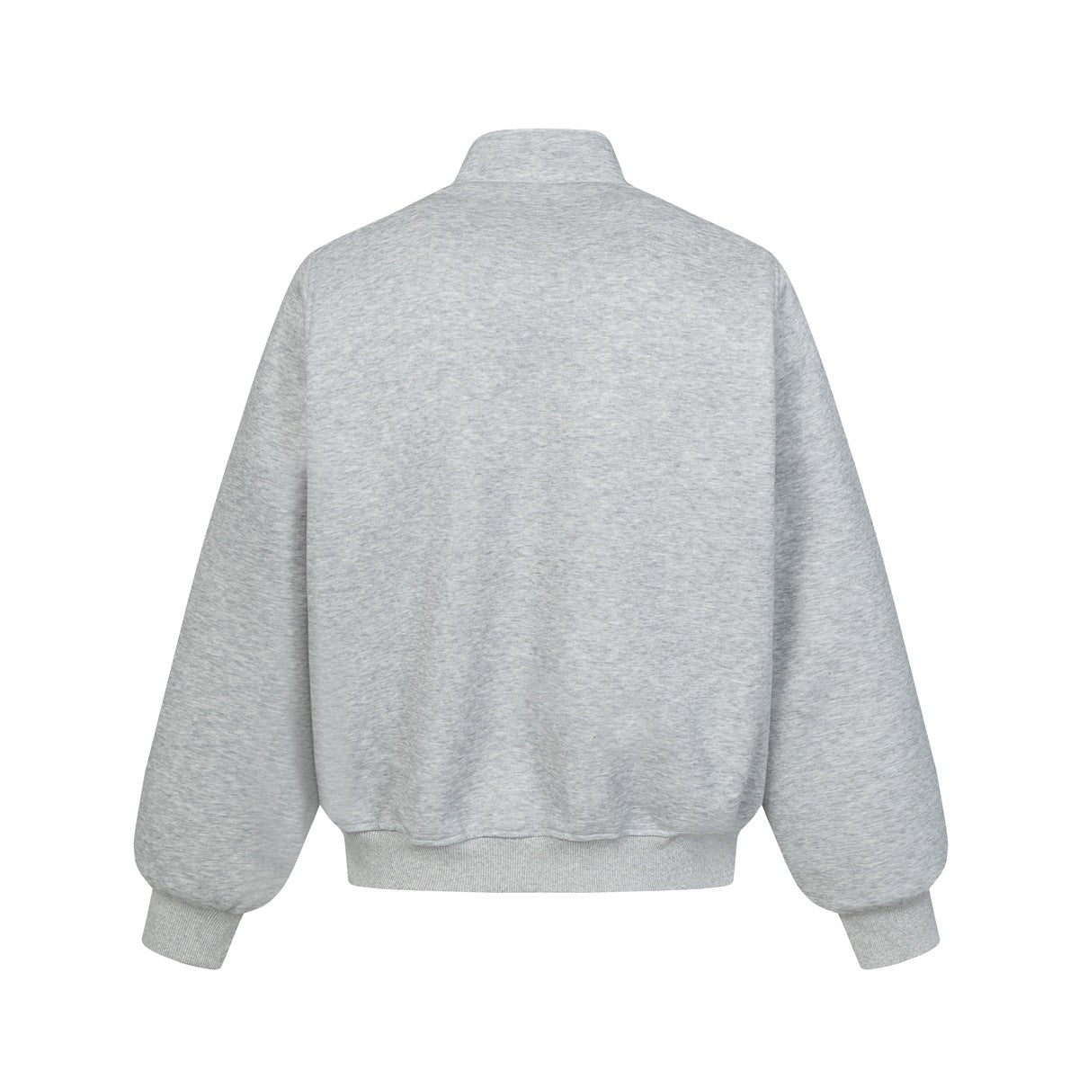 Back view of a plain light gray melange jacket with a stand collar, full sleeves, ribbed cuffs, and ribbed hem.