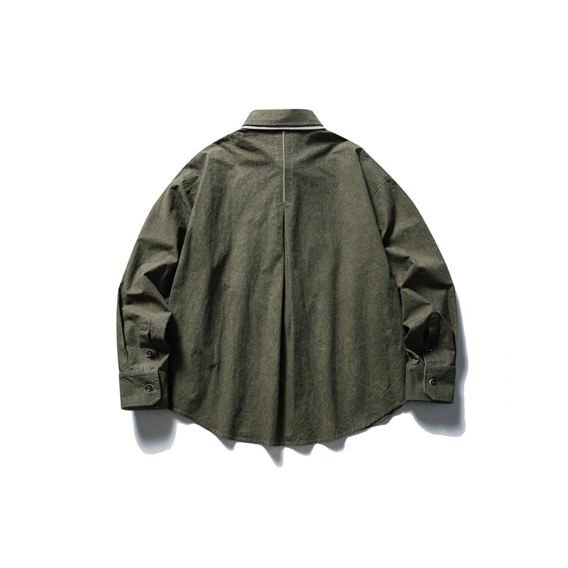 Olive green long-sleeve shirt back view with center back stitched pleat and button cuffs, flat lay
