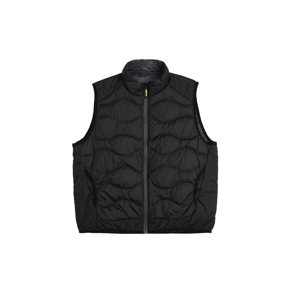 Black quilted zip-front vest with wavy quilting, stand collar and gray zipper, flat lay