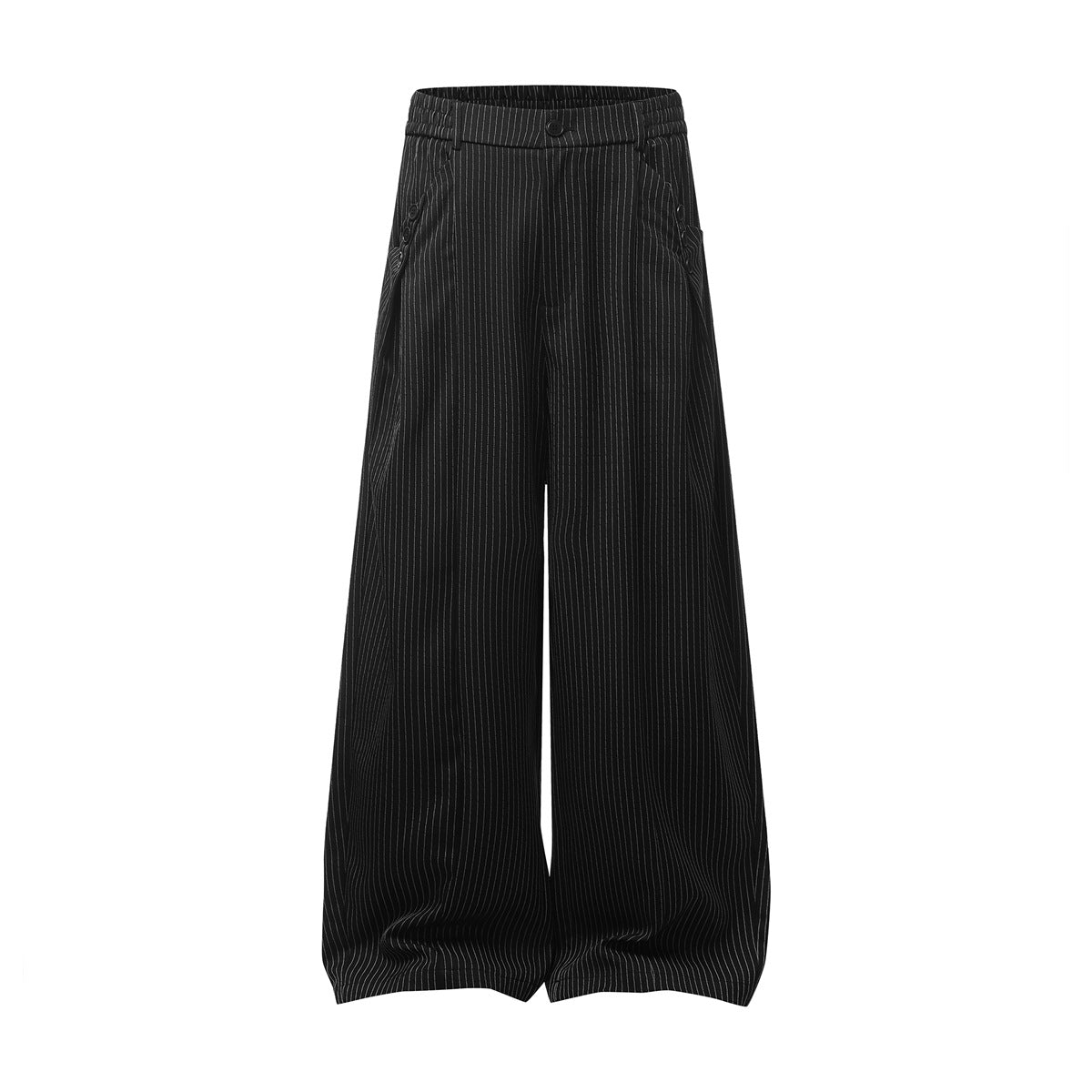 Black pinstriped wide-leg trousers with elastic waistband, front button and button-trimmed side pockets, flat front view