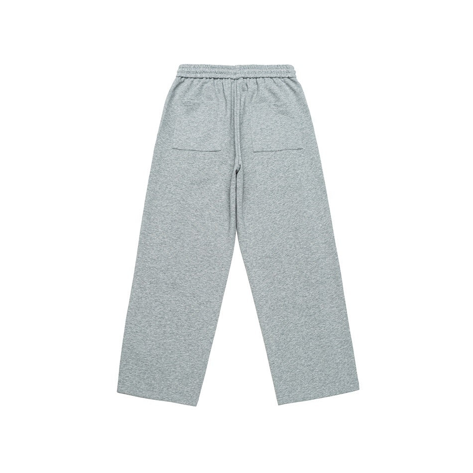 Back view of heather gray wide-leg sweatpants with an elastic waistband and two back patch pockets.