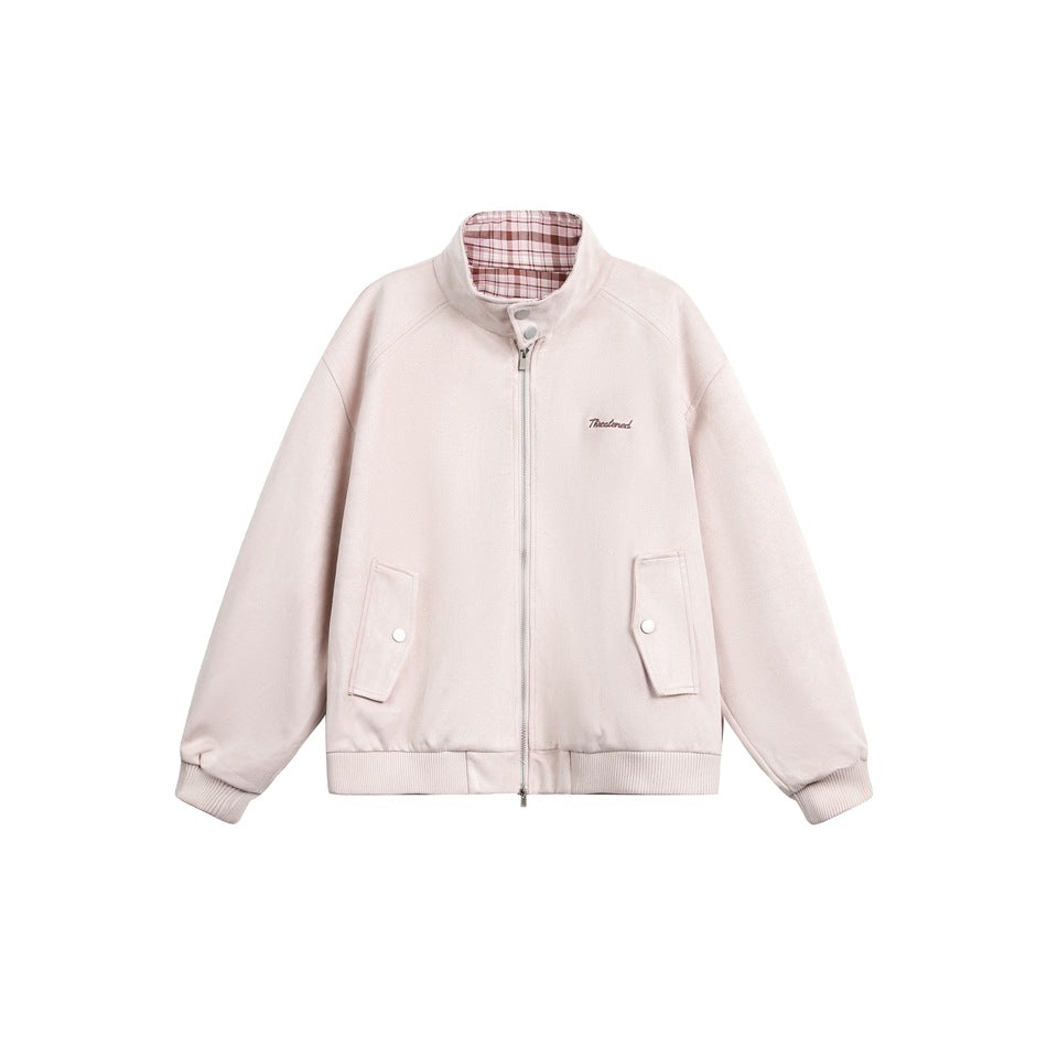 Pale beige-pink stand-collar zip jacket with pink plaid collar lining, flap pockets and ribbed cuffs, flat front view