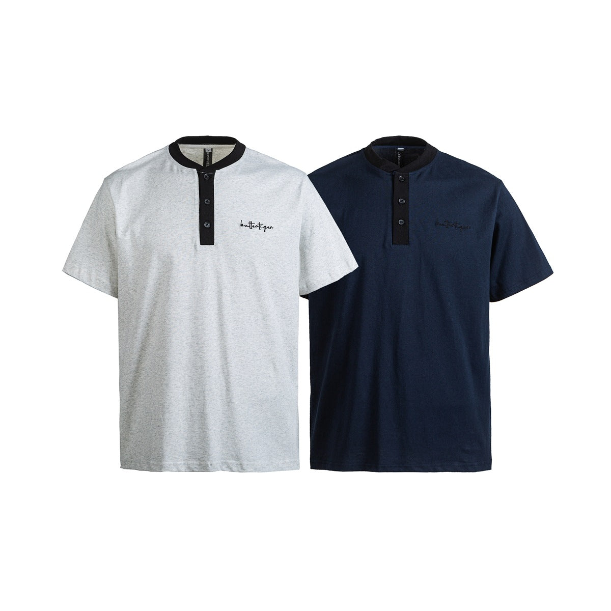 Two short-sleeve shirts shown from the front: heather gray with black trim and navy with black trim, both with script