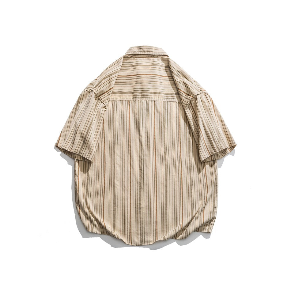 Back view of a beige short-sleeve button-up shirt with narrow brown vertical stripes.
