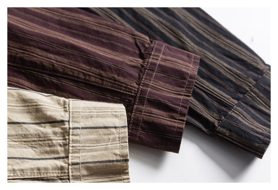 Close-up of striped shirt sleeves and cuffs in dark brown, burgundy, and cream colorways.