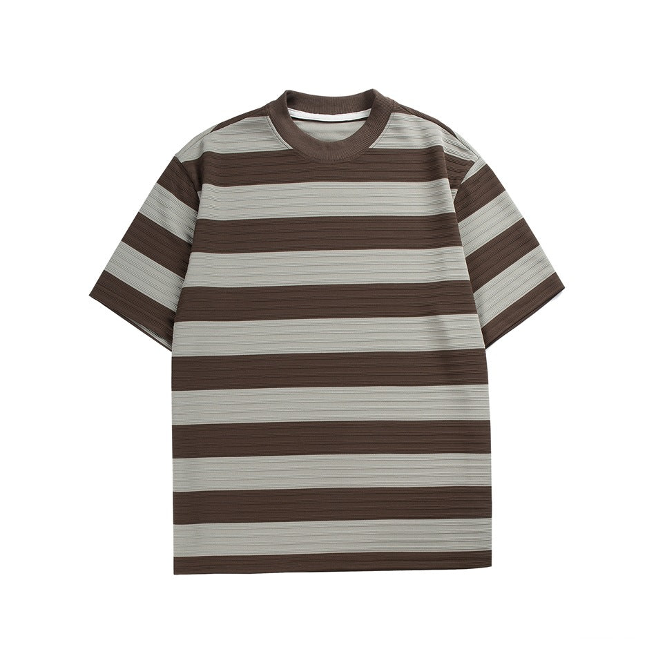 Front view of a short-sleeve crew-neck T-shirt with wide brown and light gray horizontal stripes.