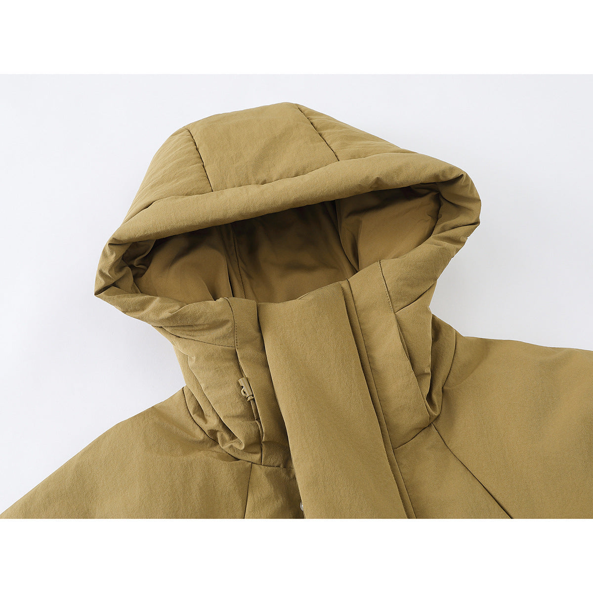 Close-up of a tan jacket's oversized hood, inner lining, and covered front closure.
