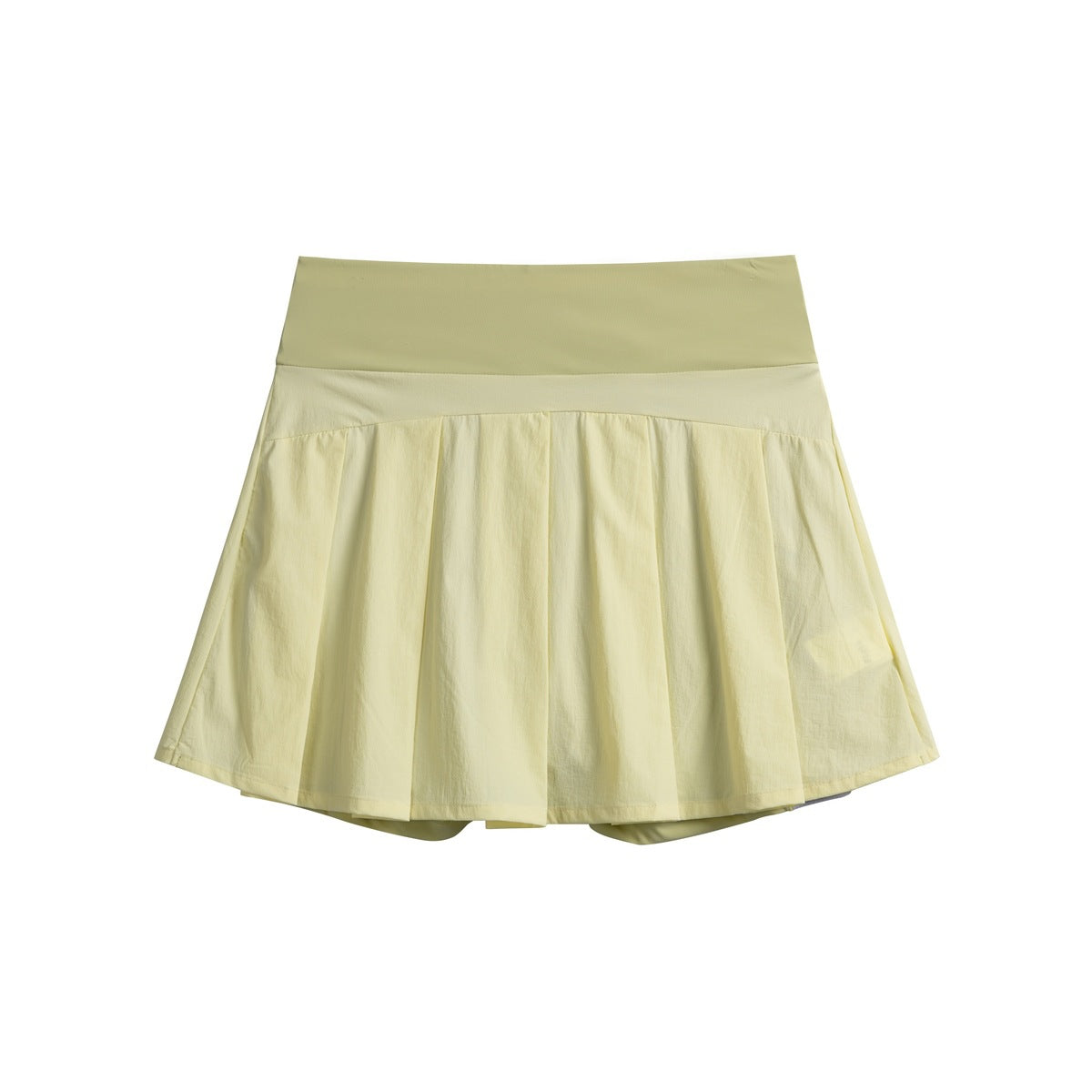 Back view of a pale yellow flared tennis skort with a wide waistband and softly pleated skirt.