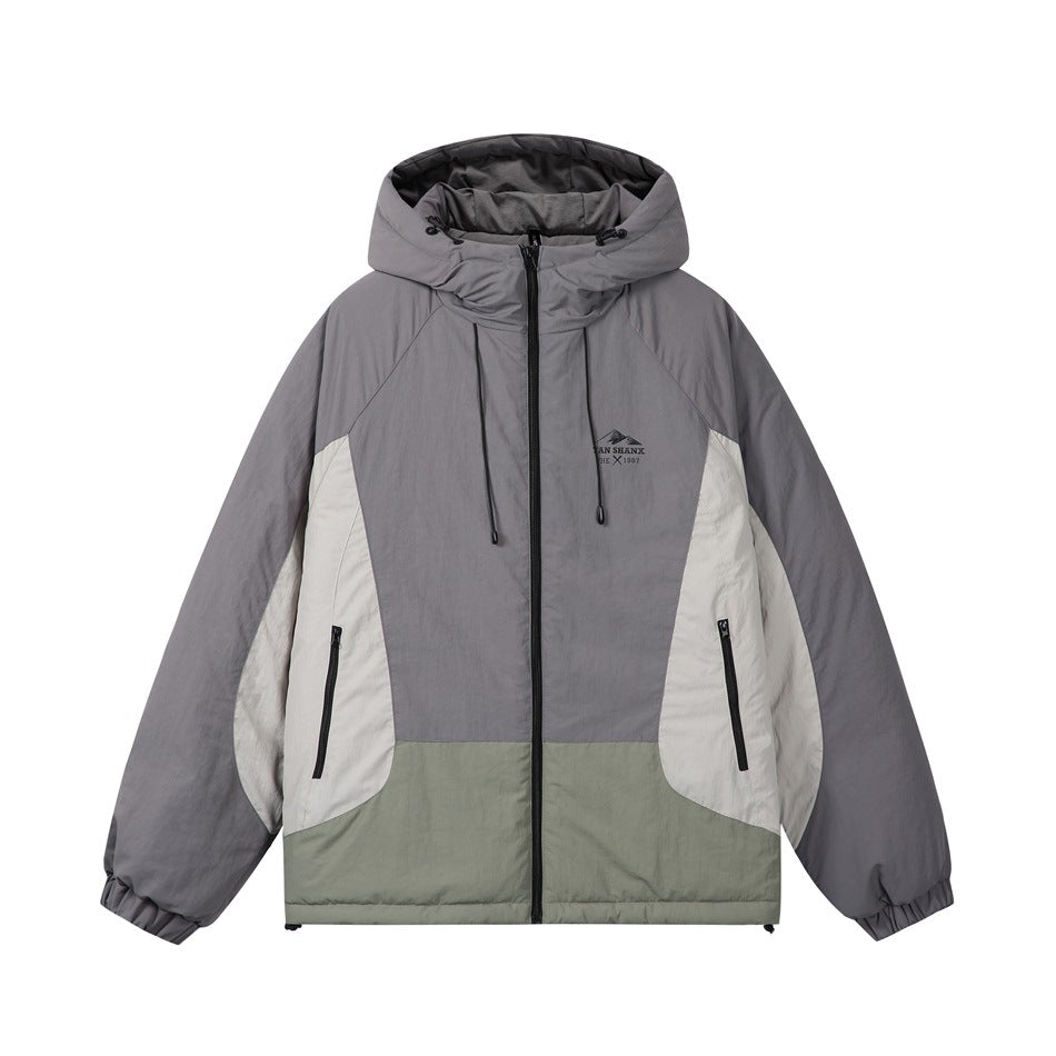 Dark gray hooded puffer jacket with off-white and sage green color-block panels, front zipper and pockets, flat lay front