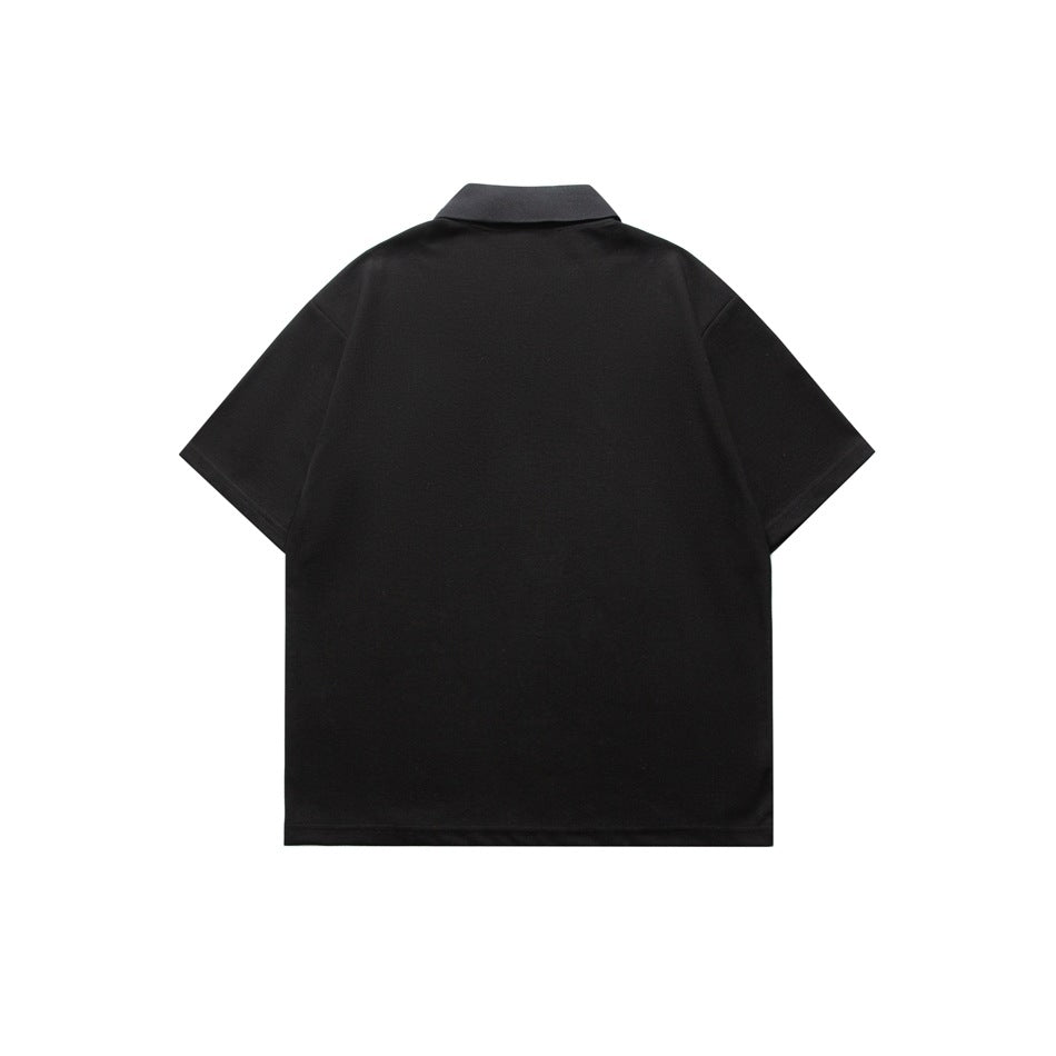 Back view of a plain black short-sleeve polo shirt with a collar.