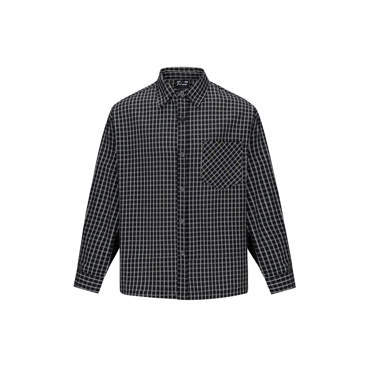 Black and white small-check button-up shirt with collar and chest pocket, flat front view